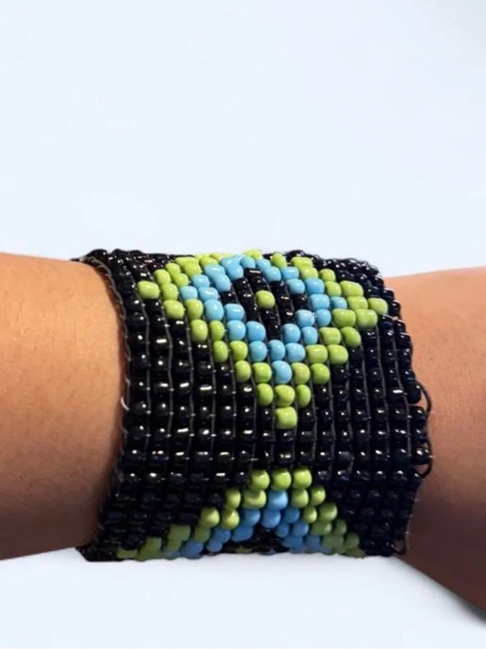Vintage Black Blue & Green Glass Seed Bead Cuff Bracelet, Eye Design